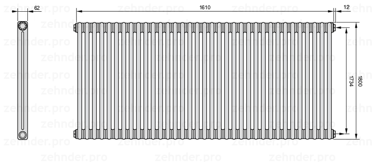 Схема (чертеж) Радиатор Zehnder Charleston 2180/35 №7610 Белый глянцевый RAL 9016